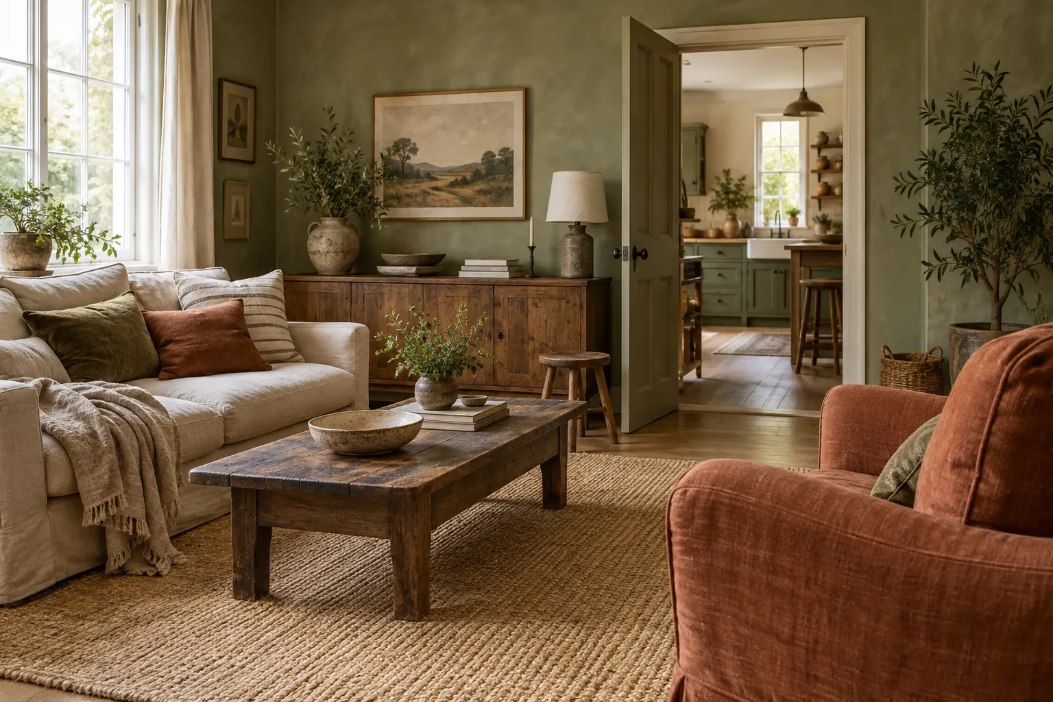 An olive-green living room with a linen sofa and terracotta armchair