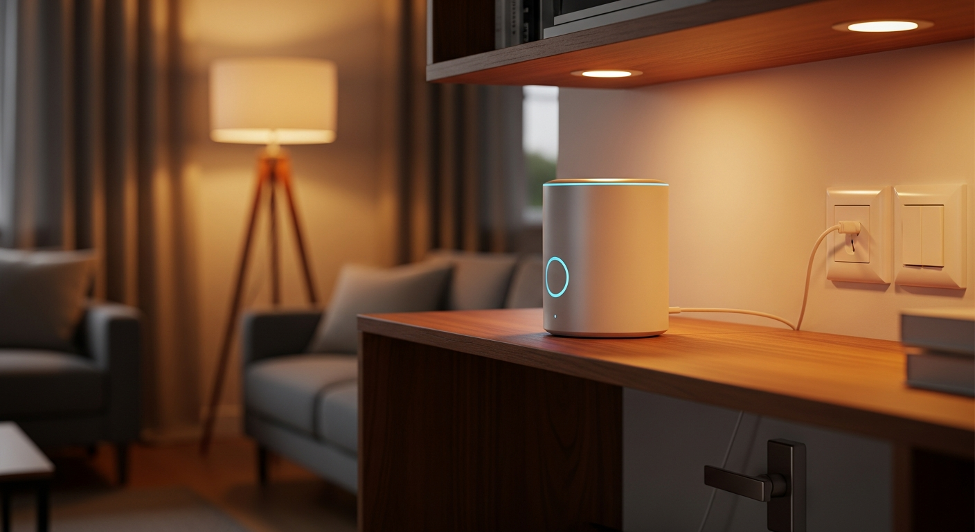 smart home hub connected to devices in a modern living room