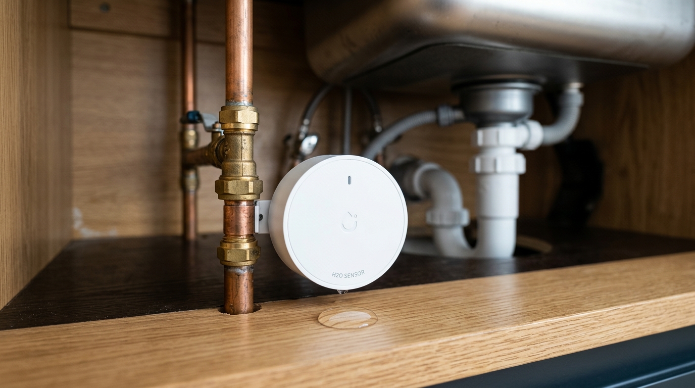 Smart water leak detector sensor near kitchen pipe