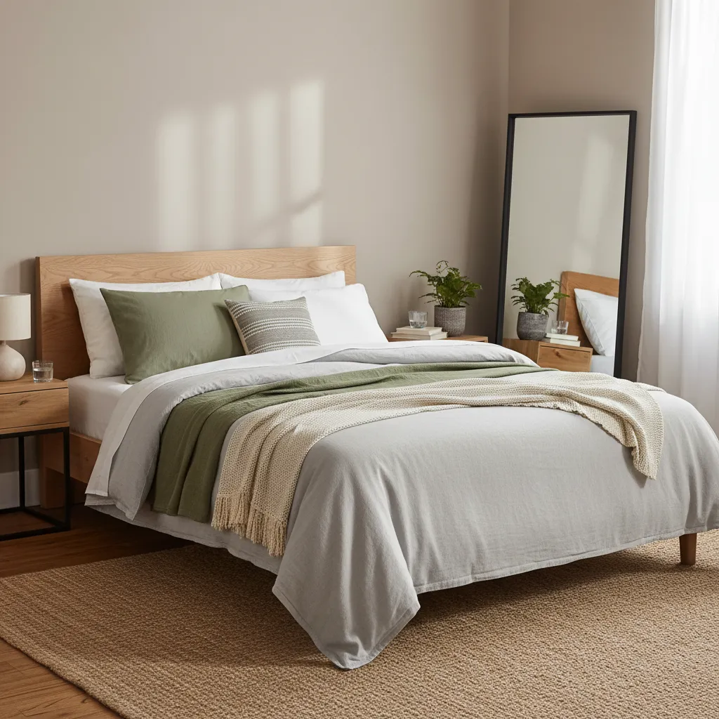 Layered three-tone bedding on a budget bedroom makeover