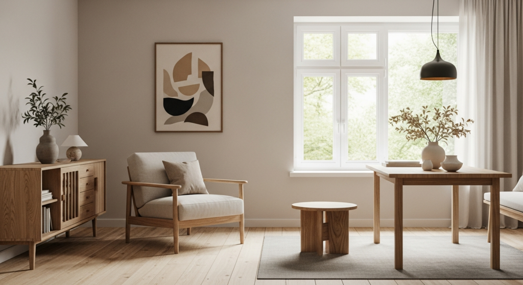 Japandi living room with natural wood furniture, minimalist decor and neutral tones