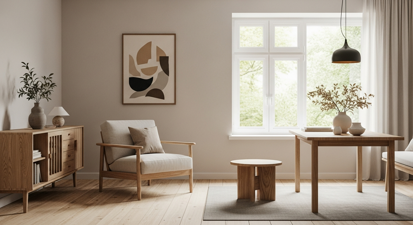 Japandi living room with natural wood furniture, minimalist decor and neutral tones