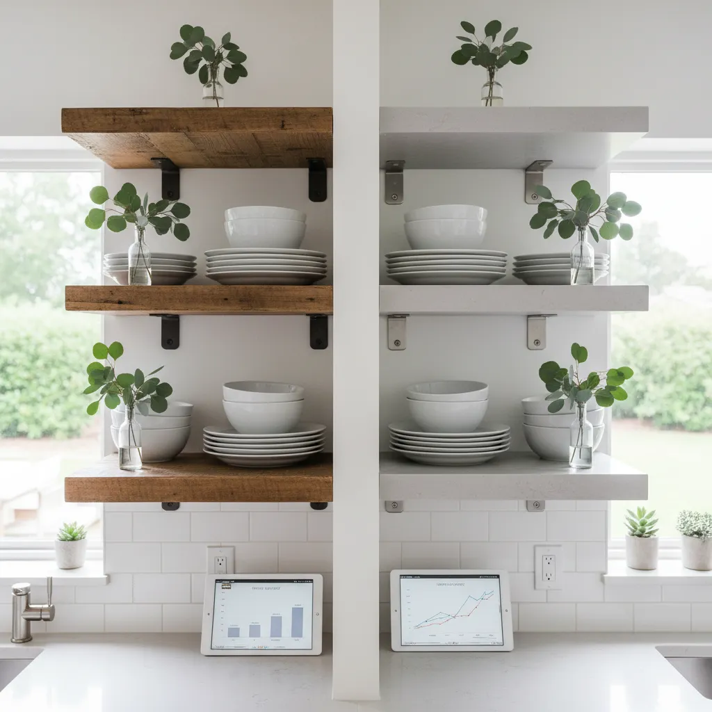 kitchen open shelving ideas — white oak floating shelves with brass brackets