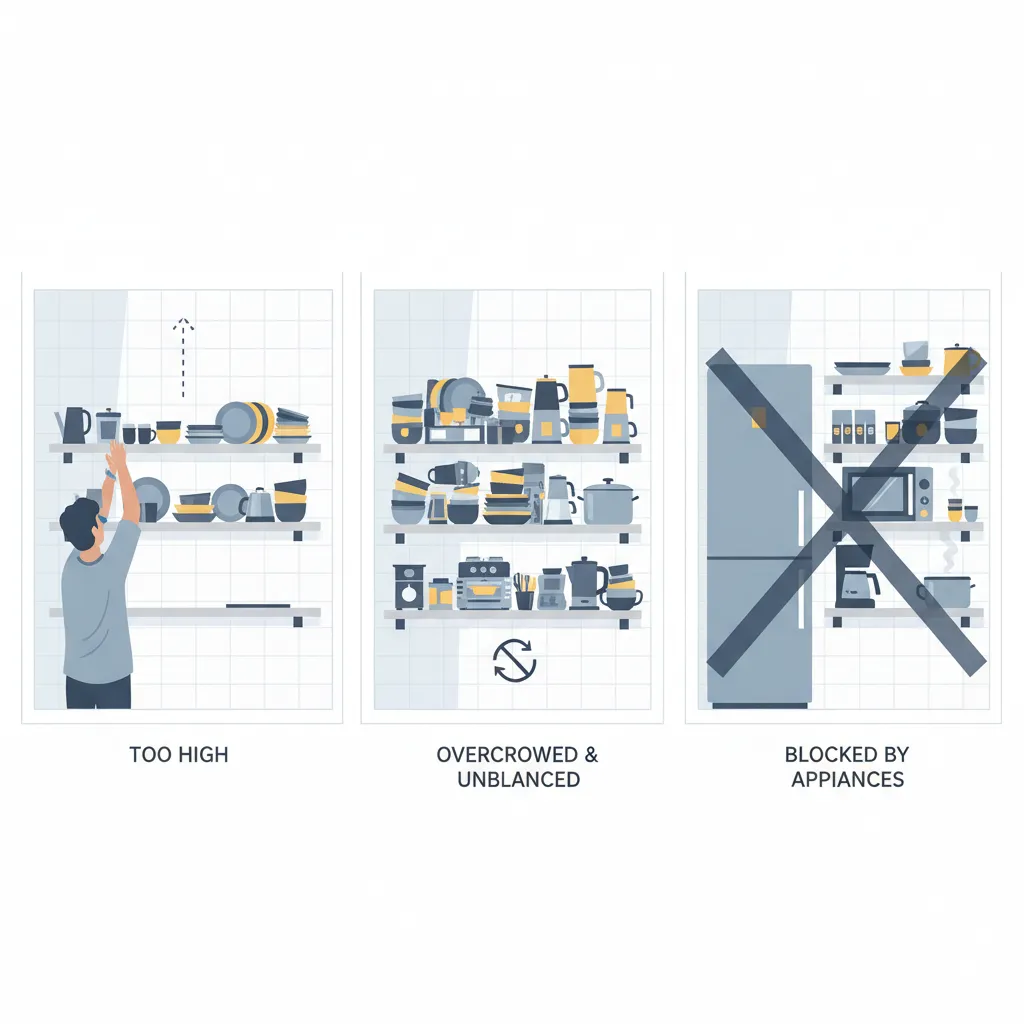 common kitchen open shelving installation mistakes diagram