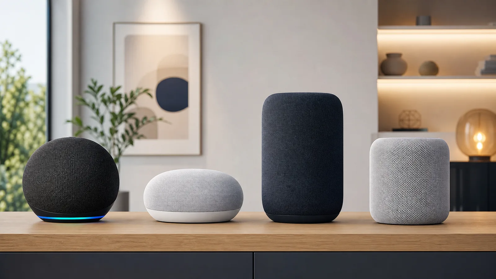 Futuristic smart home hub integrated into a modern living room, displaying various connected device icons.