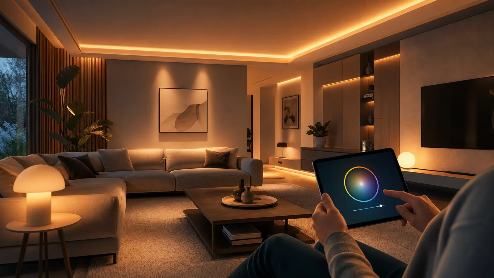 A modern living room with smart LED lighting creating a warm, inviting ambiance, controlled by a tablet.