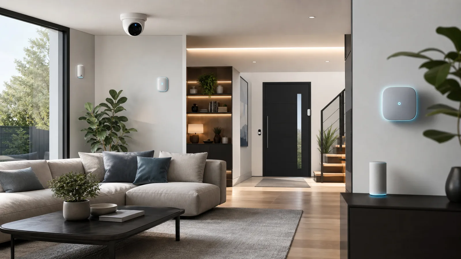Modern smart home interior with advanced security sensors and cameras