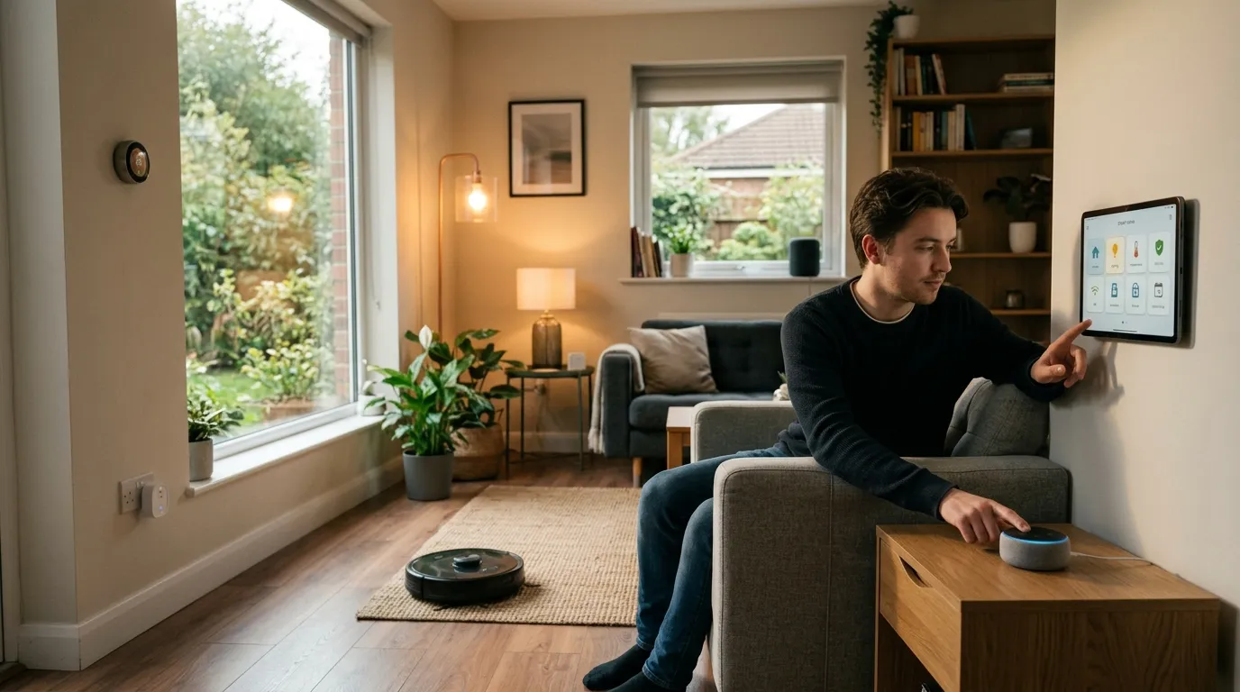 How to automate your home on a budget 2026 - cozy smart living room with Alexa speaker, smart plugs, and warm lighting