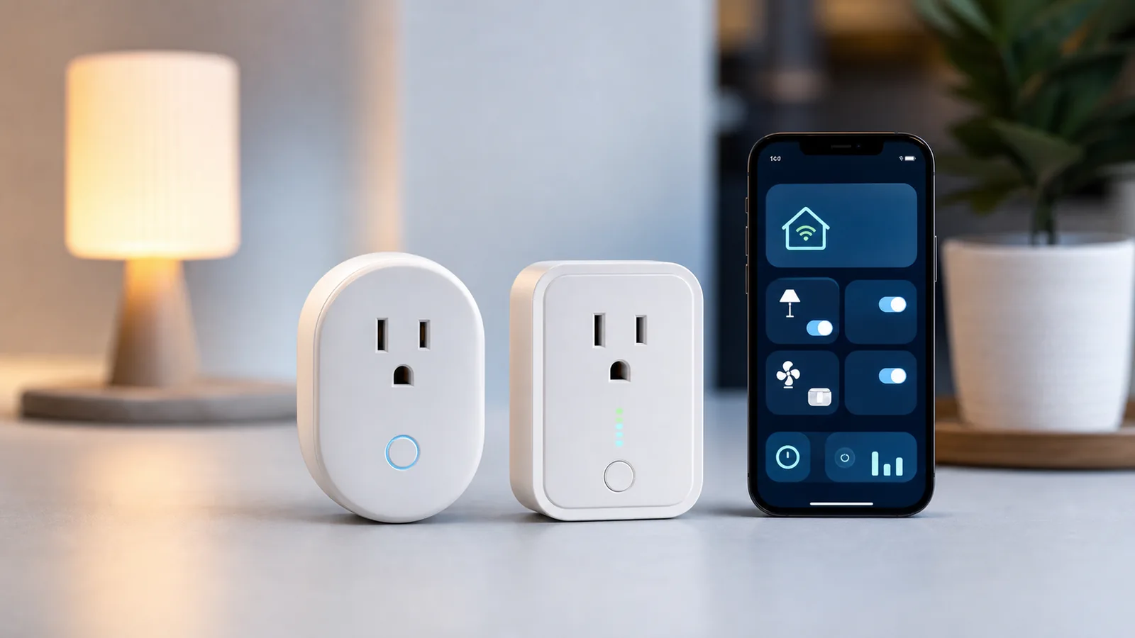 Budget smart plugs lineup 2026 - Kasa EP10 and Tapo P115 side by side with smart home app on phone