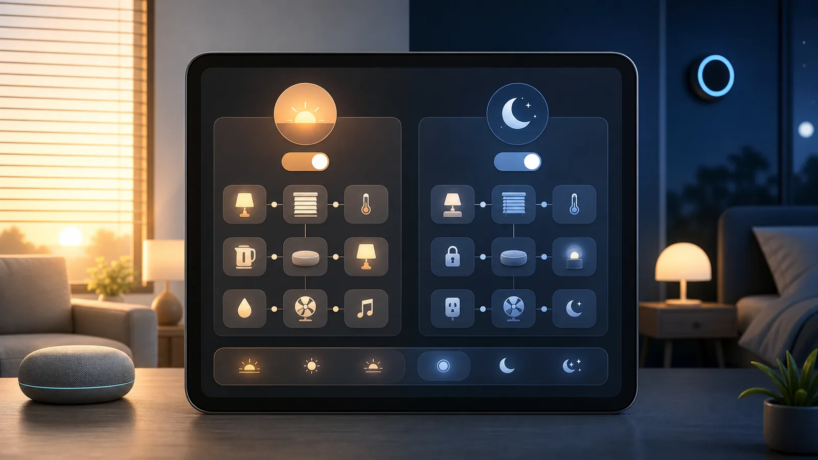 Smart home automation routines dashboard - Alexa app routine builder showing Good Morning and Goodnight triggers