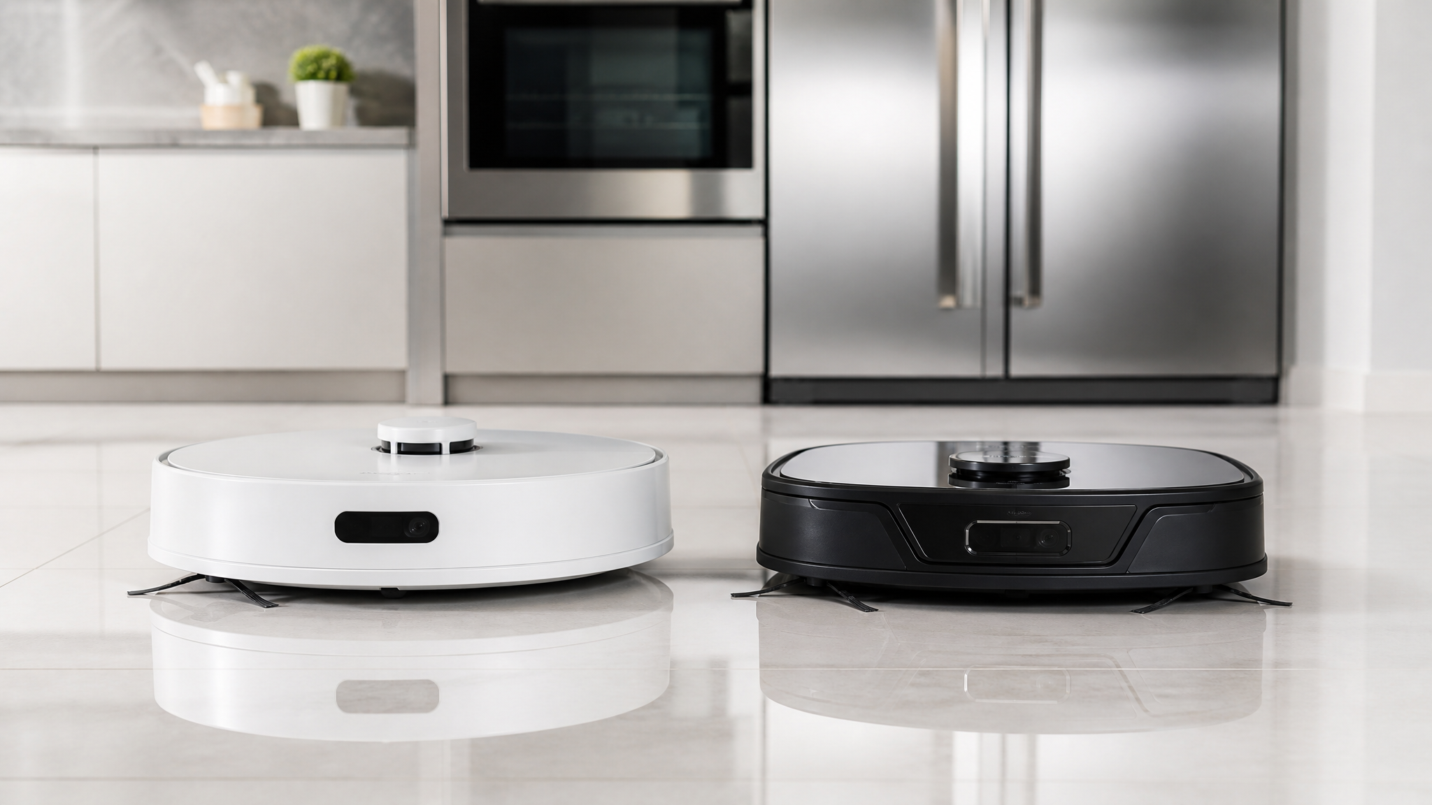 Two premium robot vacuums side by side on a tile floor — product comparison