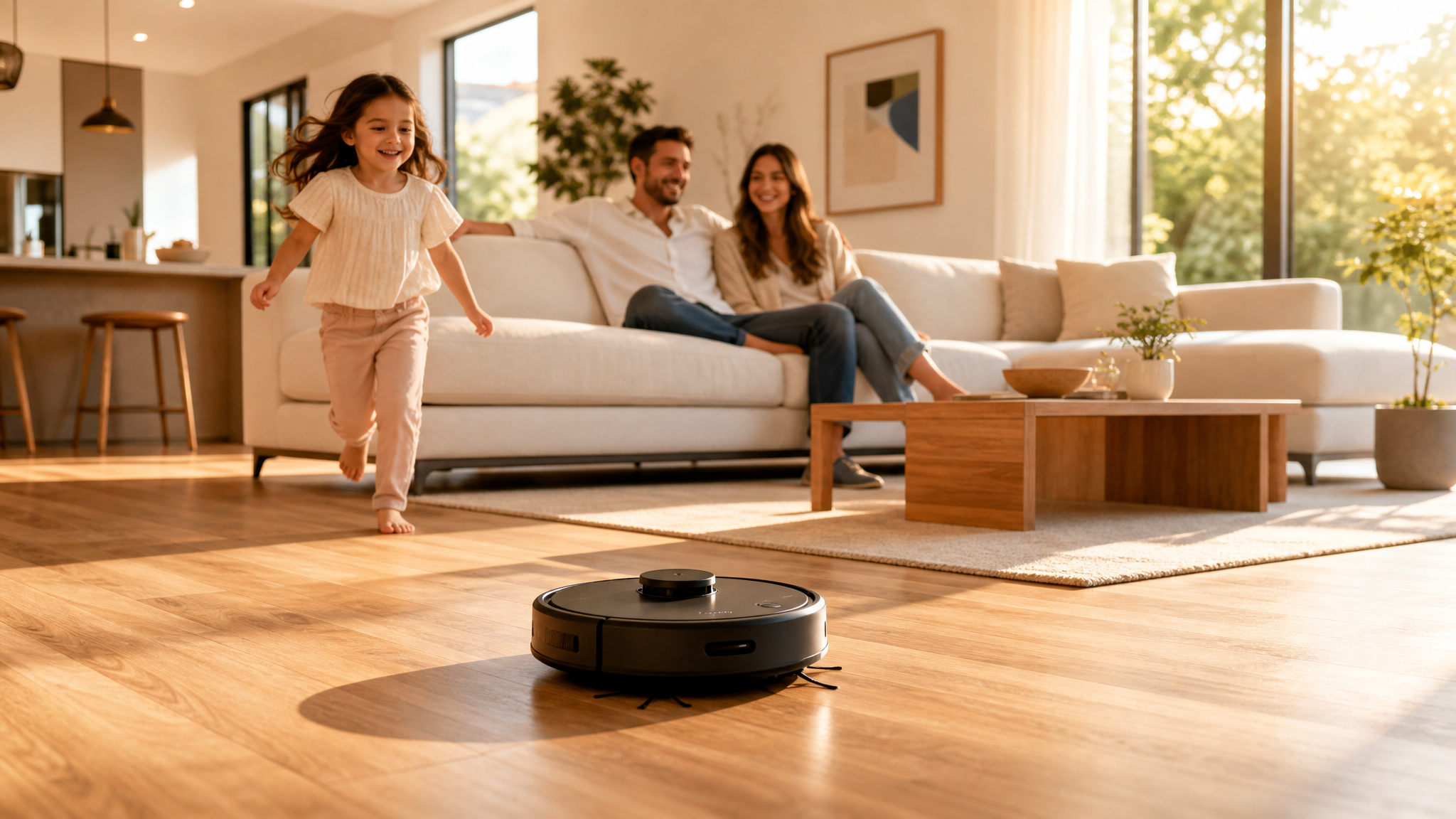 Family relaxing at home while robot vacuum autonomously cleans hardwood floors